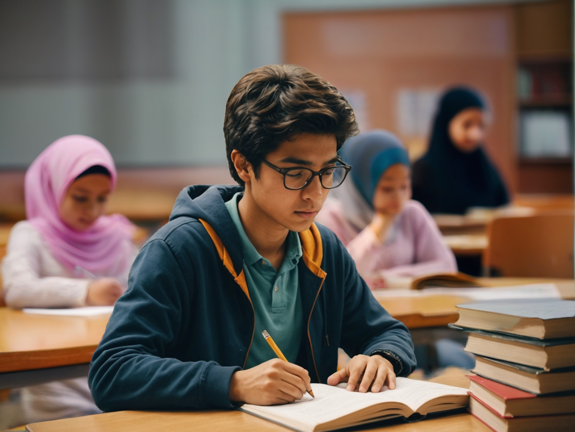 boy reading in a library