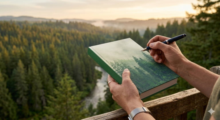 a person holding a journal in his hand while looking at the green jungle view in front of him